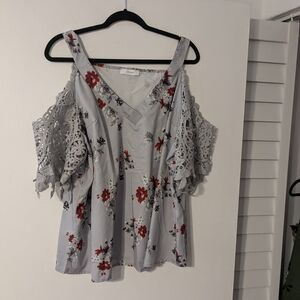 2/$10 Floral Cold Shoulder Top - Gray and Red NWOT